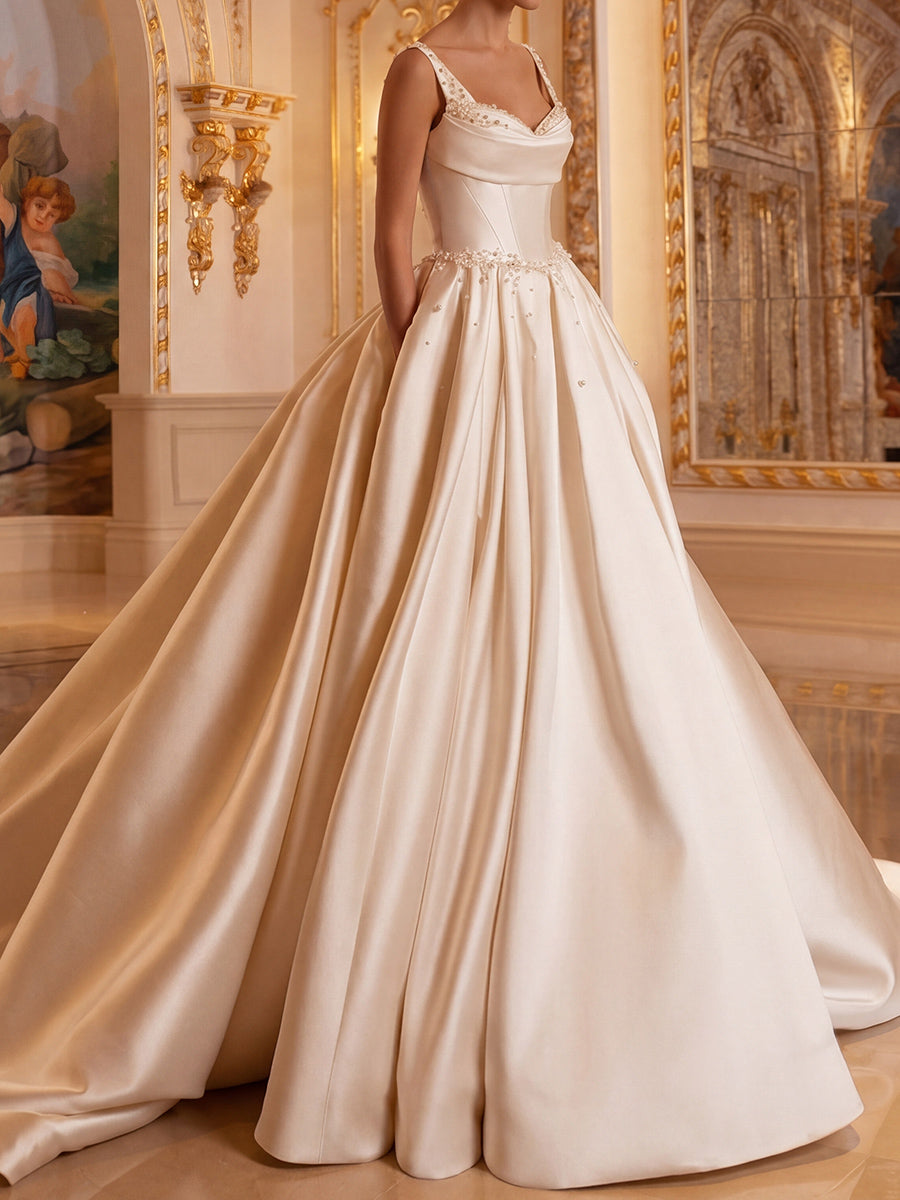 A-line/Princess Straps Beading Chapel Train Satin Wedding Dresses