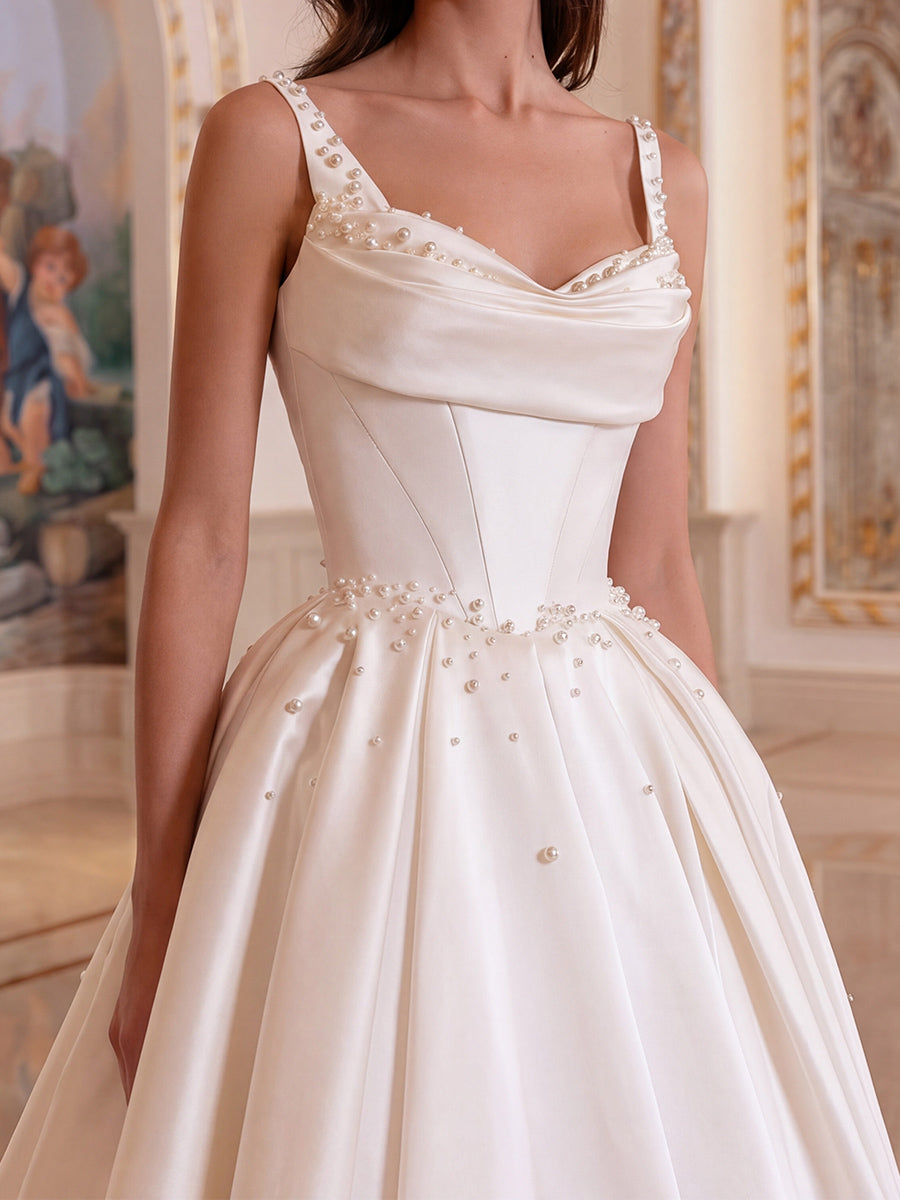 A-line/Princess Straps Beading Chapel Train Satin Wedding Dresses
