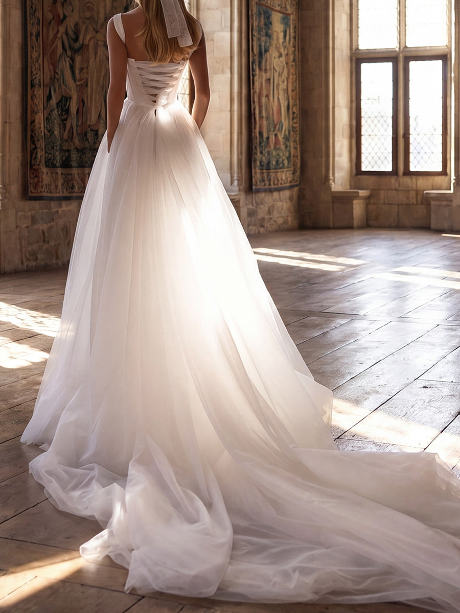 A-line/Princess Off-the-Shoulder Pleated Chapel Train Tulle Wedding Dresses