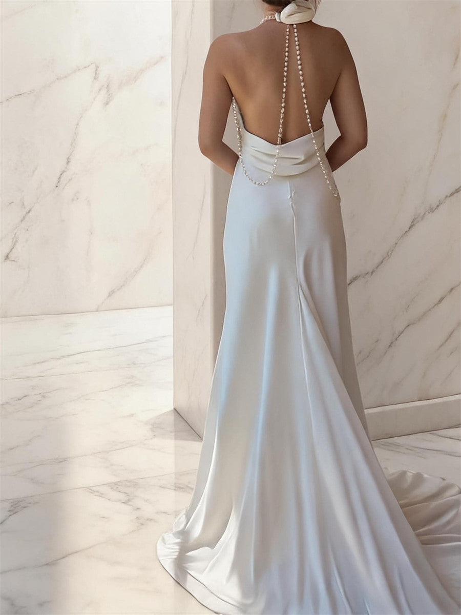Sheath/Column One-Shoulder Beading Court Train Satin Wedding Dresses
