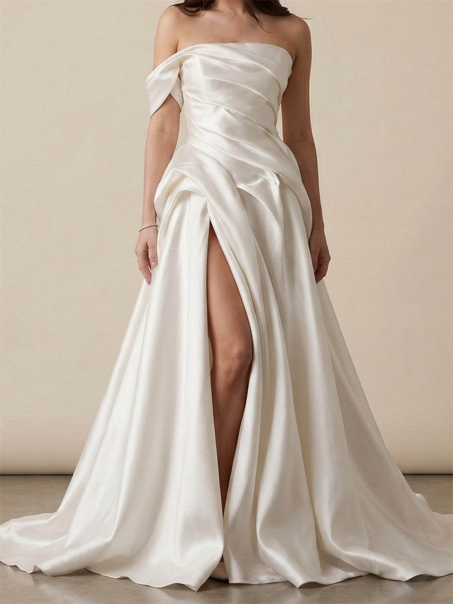A-line/Princess One-Shoulder Pleated Sweep Train Satin Wedding Dresses