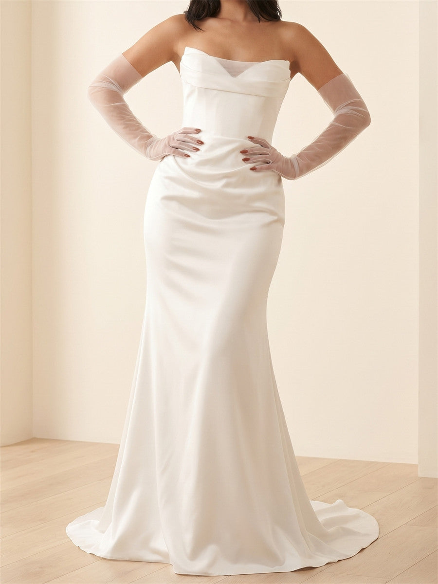 Sheath/Column Sweetheart Pleated Sweep Train Satin Wedding Dresses