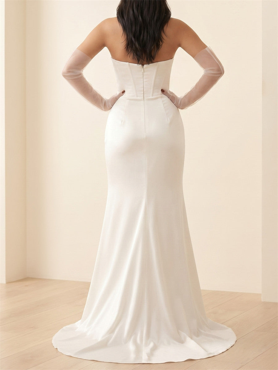 Sheath/Column Sweetheart Pleated Sweep Train Satin Wedding Dresses