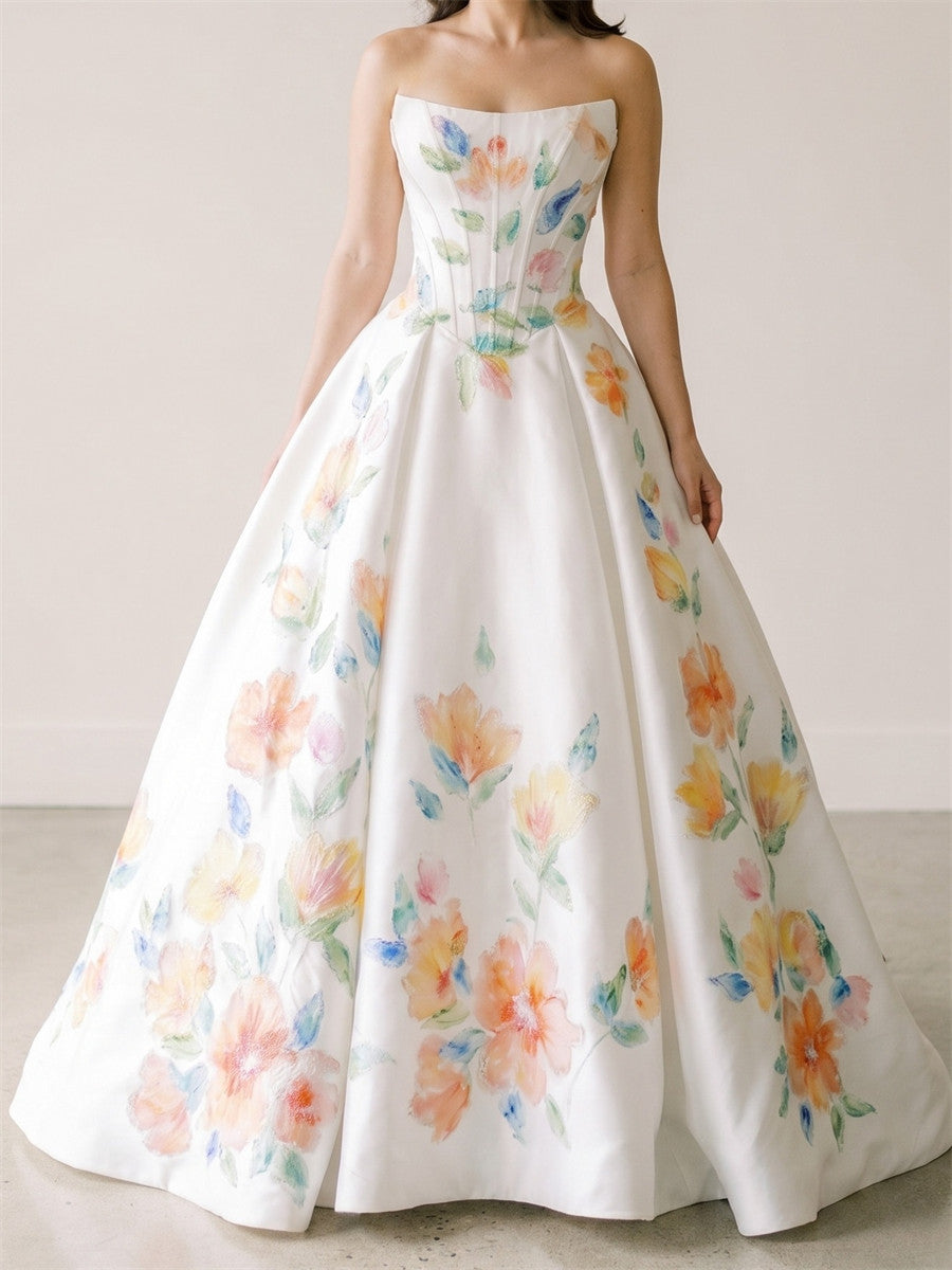 A-line/Princess Straight Flower Sweep Train Satin Wedding Dresses