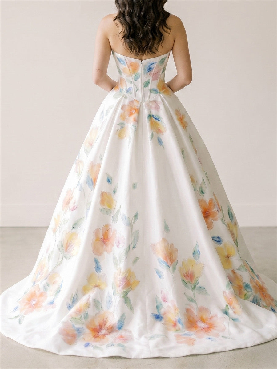 A-line/Princess Straight Flower Sweep Train Satin Wedding Dresses