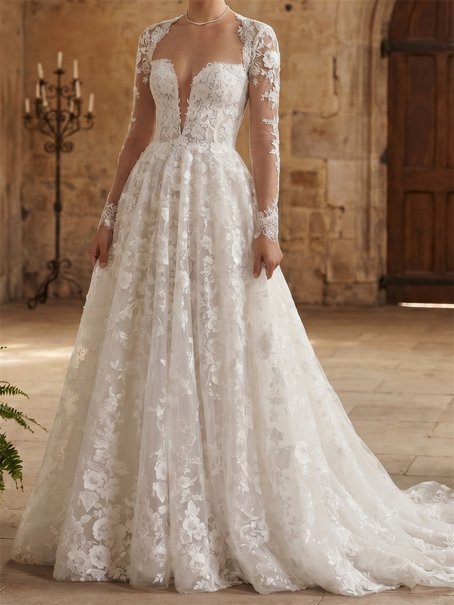 A-line/Princess V-neck Appliques Lace Court Train Lace Wedding Dresses