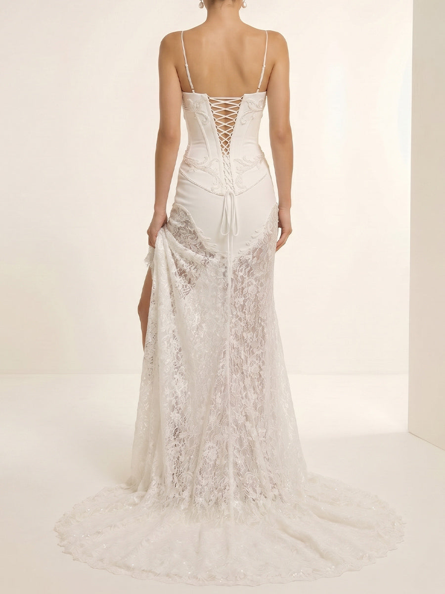 Sheath/Column Spaghetti Straps Appliques Lace Sweep Train Lace Wedding Dresses