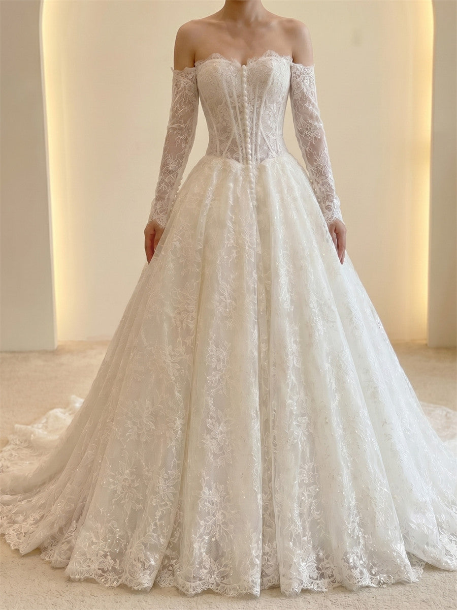 A-line/Princess Straight Beading Sweep Train Lace Wedding Dresses