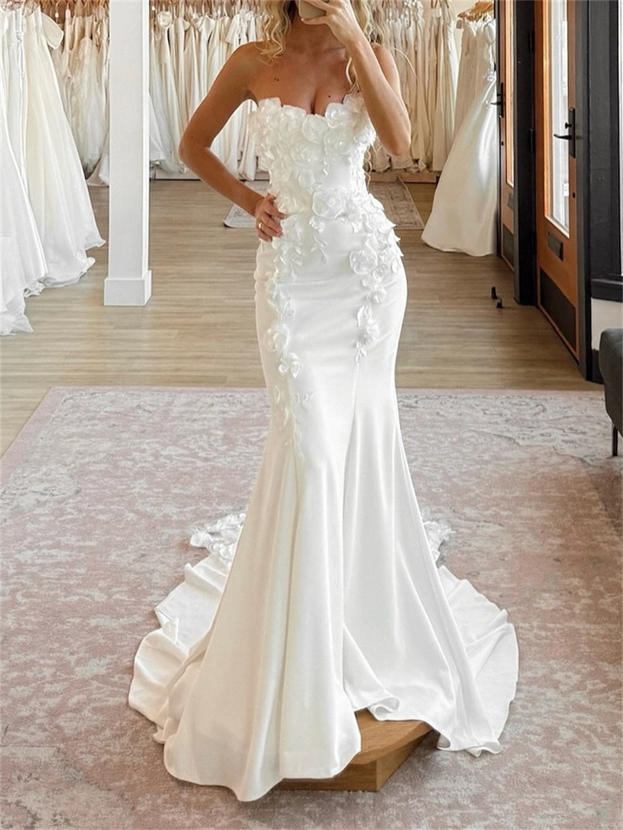 Trumpet/Mermaid Sweetheart Flower Chapel Train Stretch Crepe Wedding Dresses
