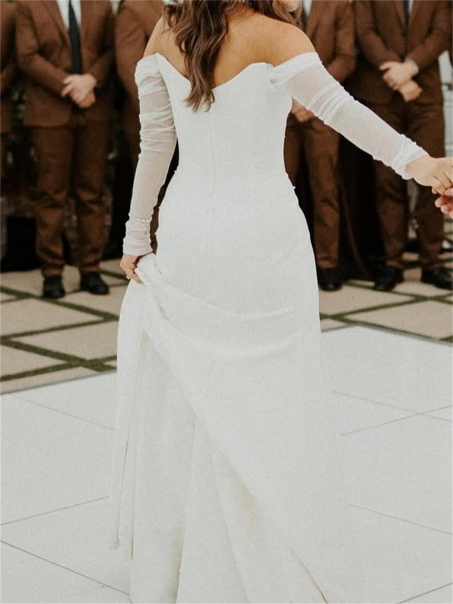 Sheath/Column Off-the-Shoulder Long Sleeves Pleated Court Train Stretch Crepe Wedding Dresses