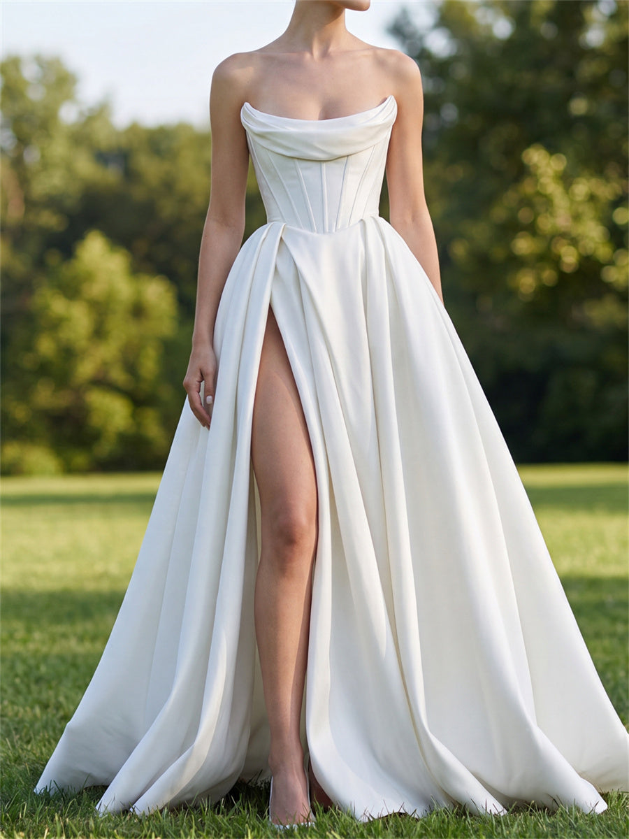 A-line/Princess Straight Pleated Court Train Satin Wedding Dresses