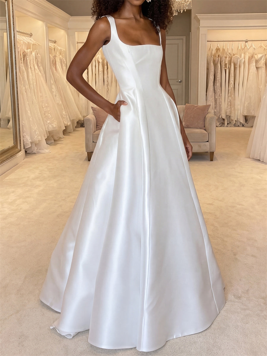 A-line/Princess Straps Pleated Sweep Train Satin Wedding Dresses
