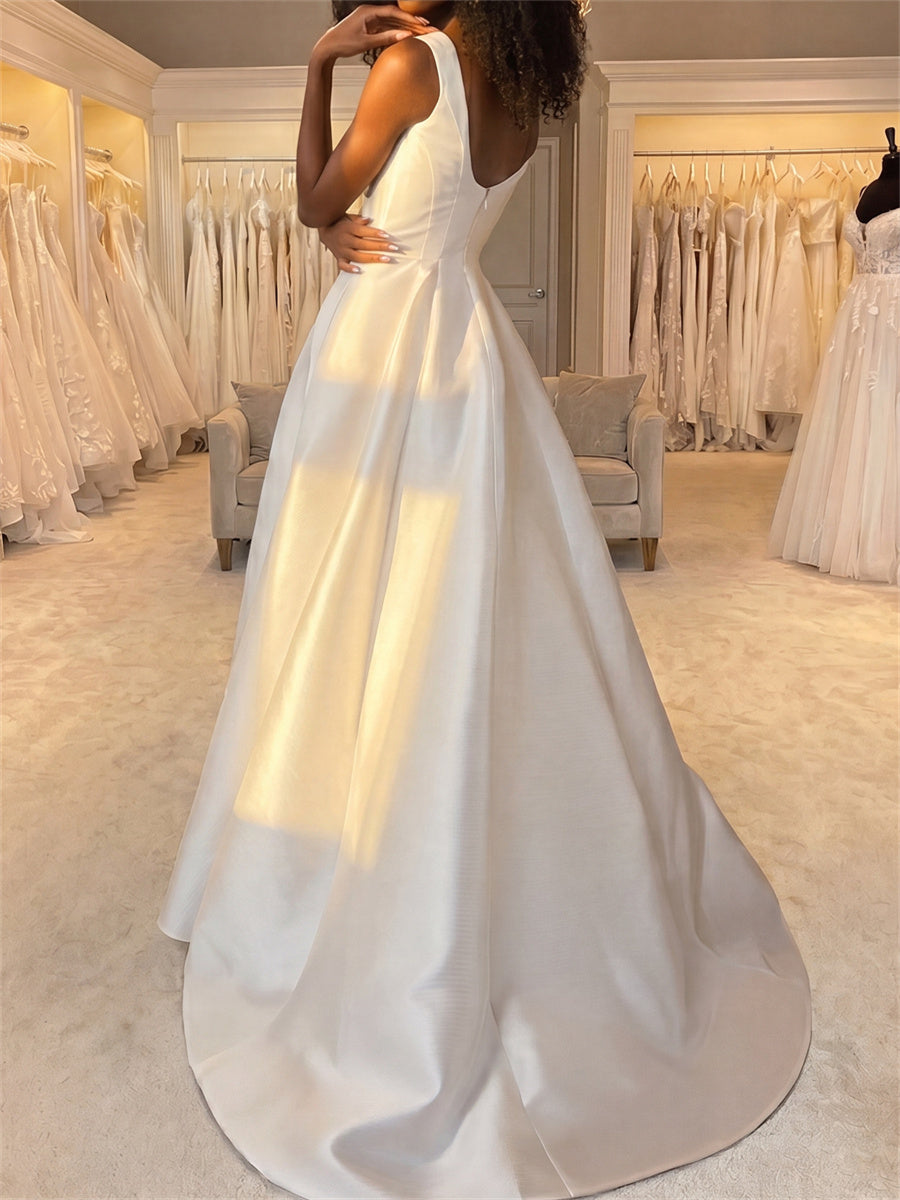 A-line/Princess Straps Pleated Sweep Train Satin Wedding Dresses