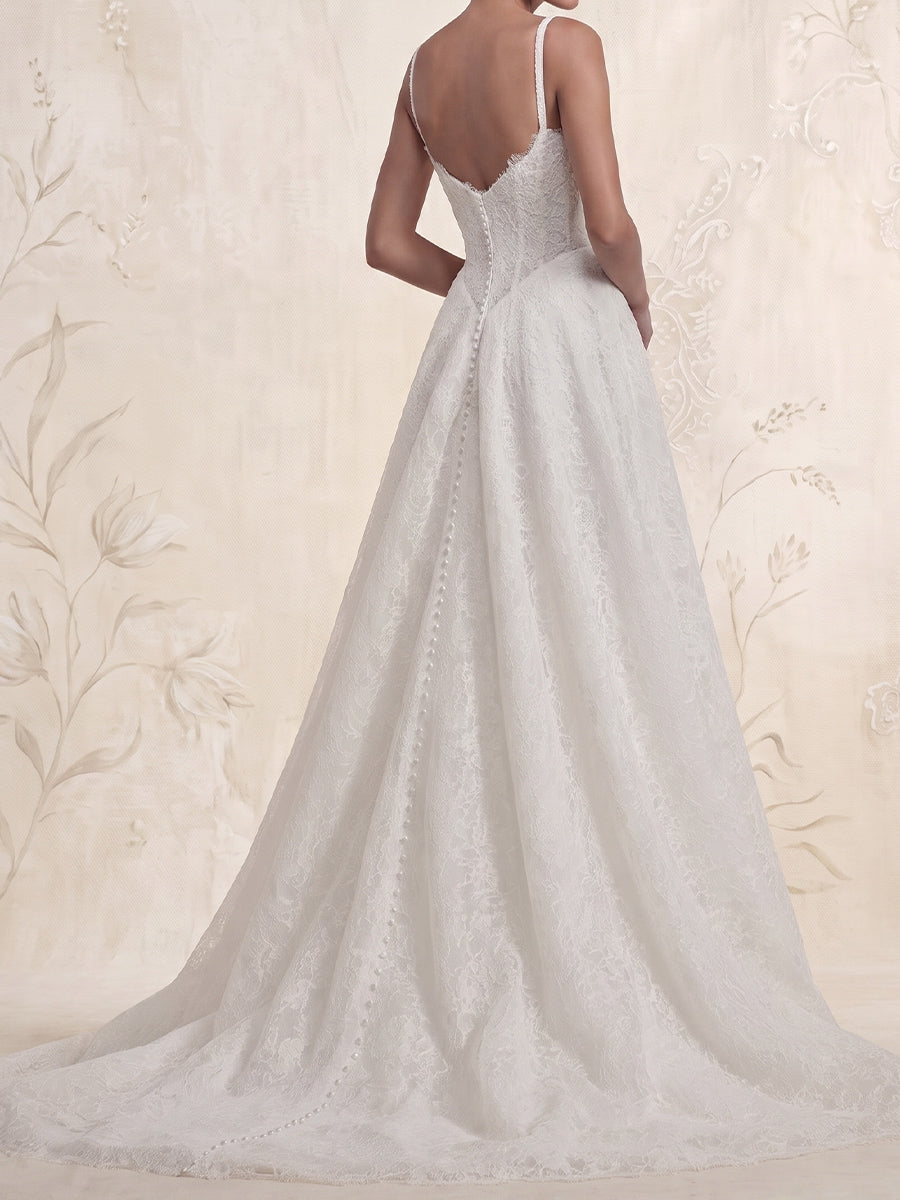 A-line/Princess Square Appliques Lace Sweep Train Lace Wedding Dresses