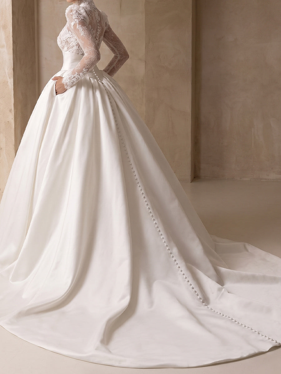 A-line/Princess High Neck Long Sleeves Appliques Lace Court Train Lace Wedding Dresses