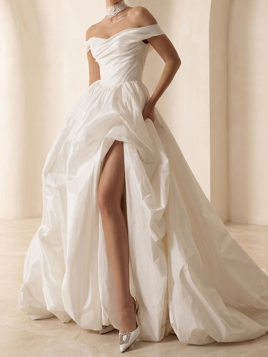 A-line/Princess Off-the-Shoulder Short Sleeves Pleated Sweep Train Satin Wedding Dresses
