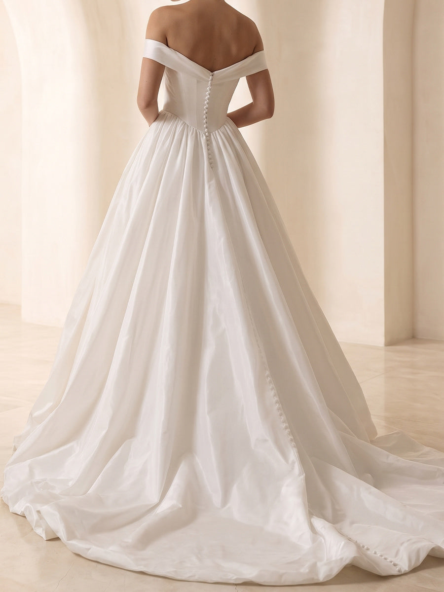 A-line/Princess Off-the-Shoulder Short Sleeves Pleated Sweep Train Satin Wedding Dresses