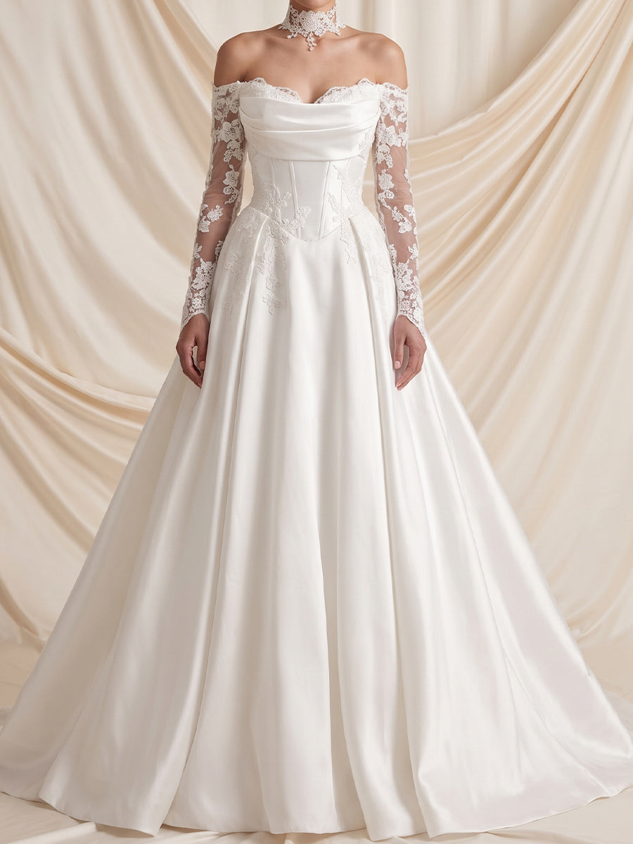 A-line/Princess Off-the-Shoulder Long Sleeves Appliques Lace Sweep Train Silk Like Satin Wedding Dresses