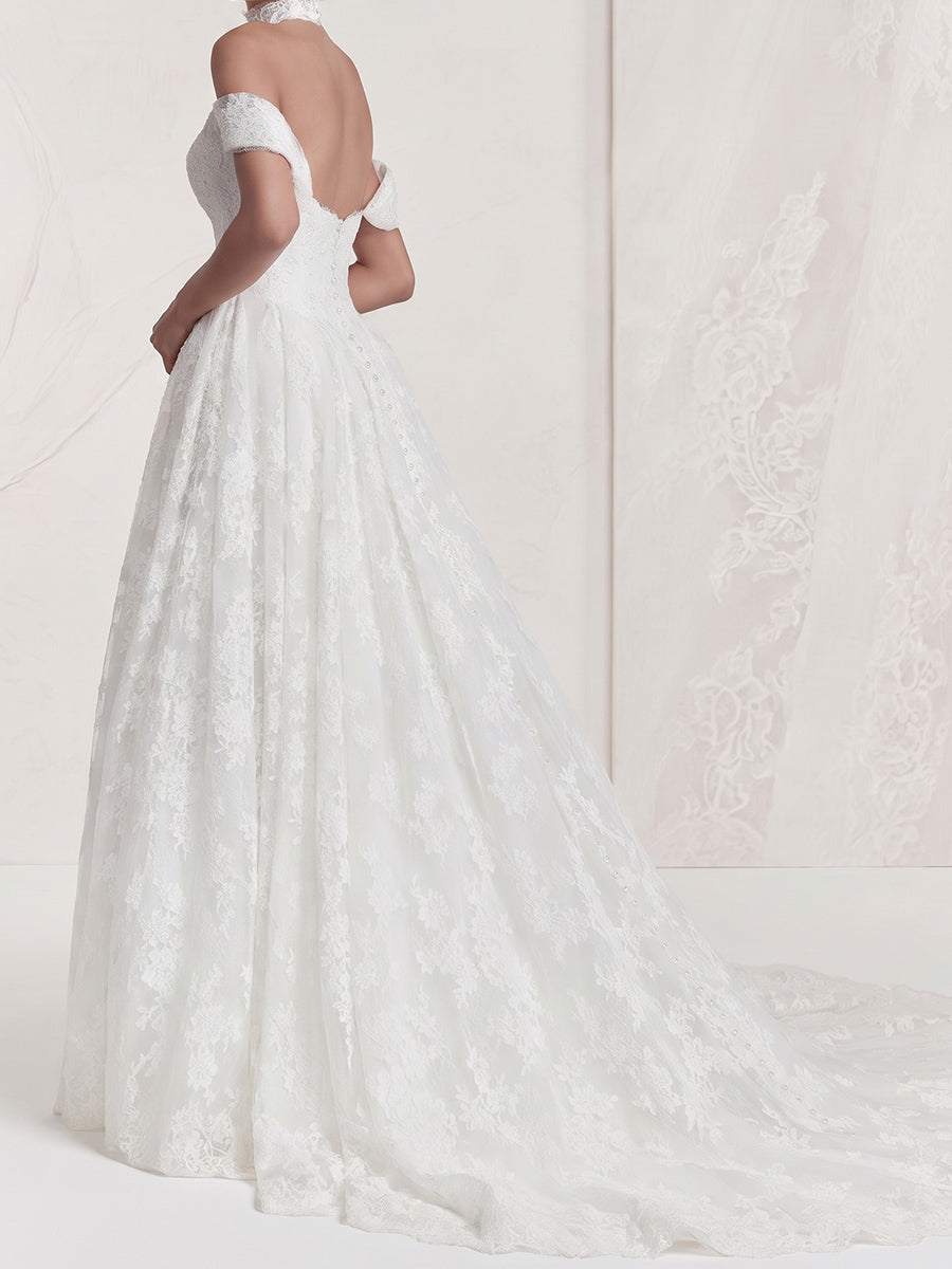 A-line/Princess Off-the-Shoulder Short Sleeves Appliques Lace Court Train Lace Wedding Dresses