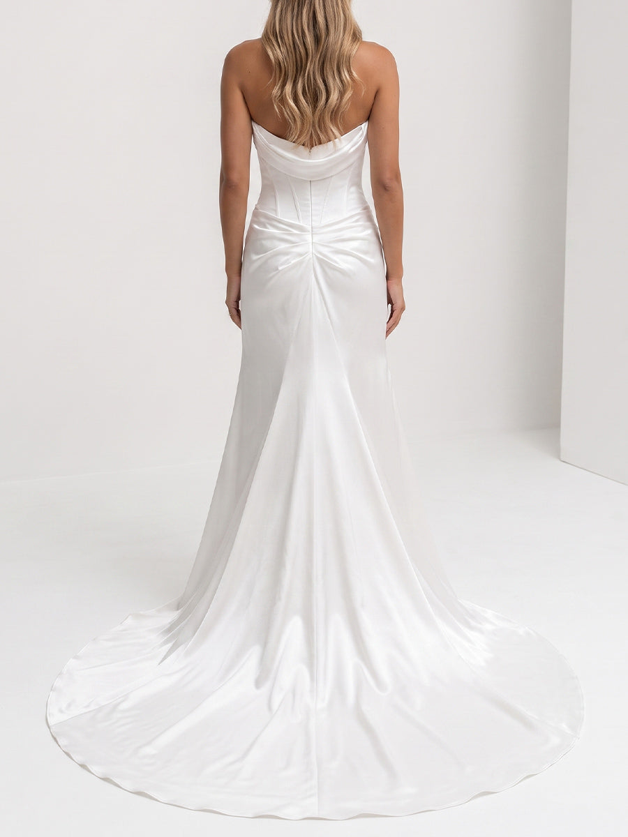 Sheath/Column Straight Pleated Sweep Train Satin Wedding Dresses