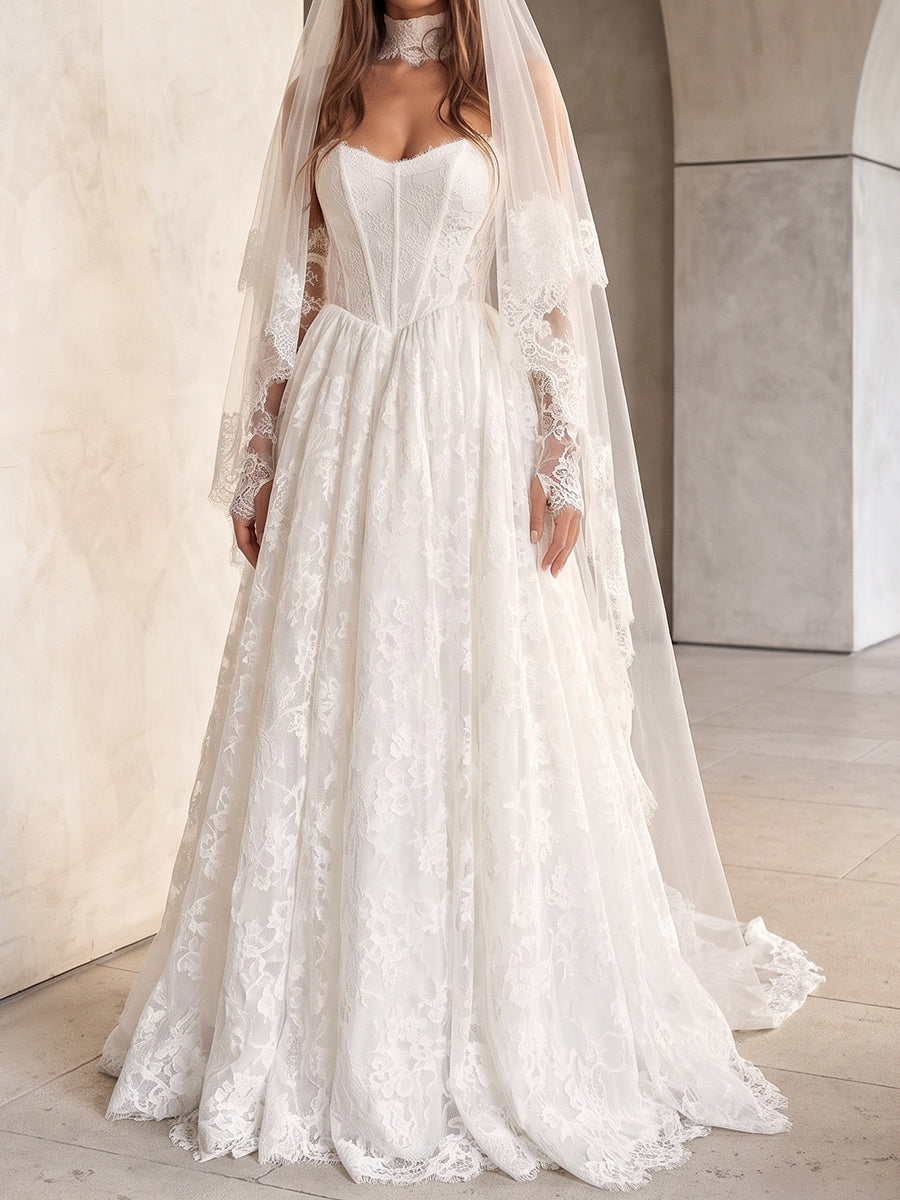 A-line/Princess Straight Appliques Lace Sweep Train Lace Wedding Dresses