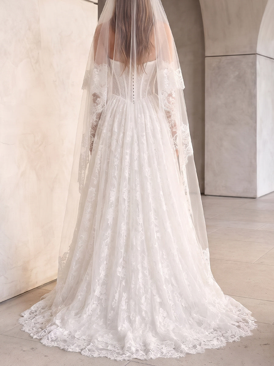 A-line/Princess Straight Appliques Lace Sweep Train Lace Wedding Dresses
