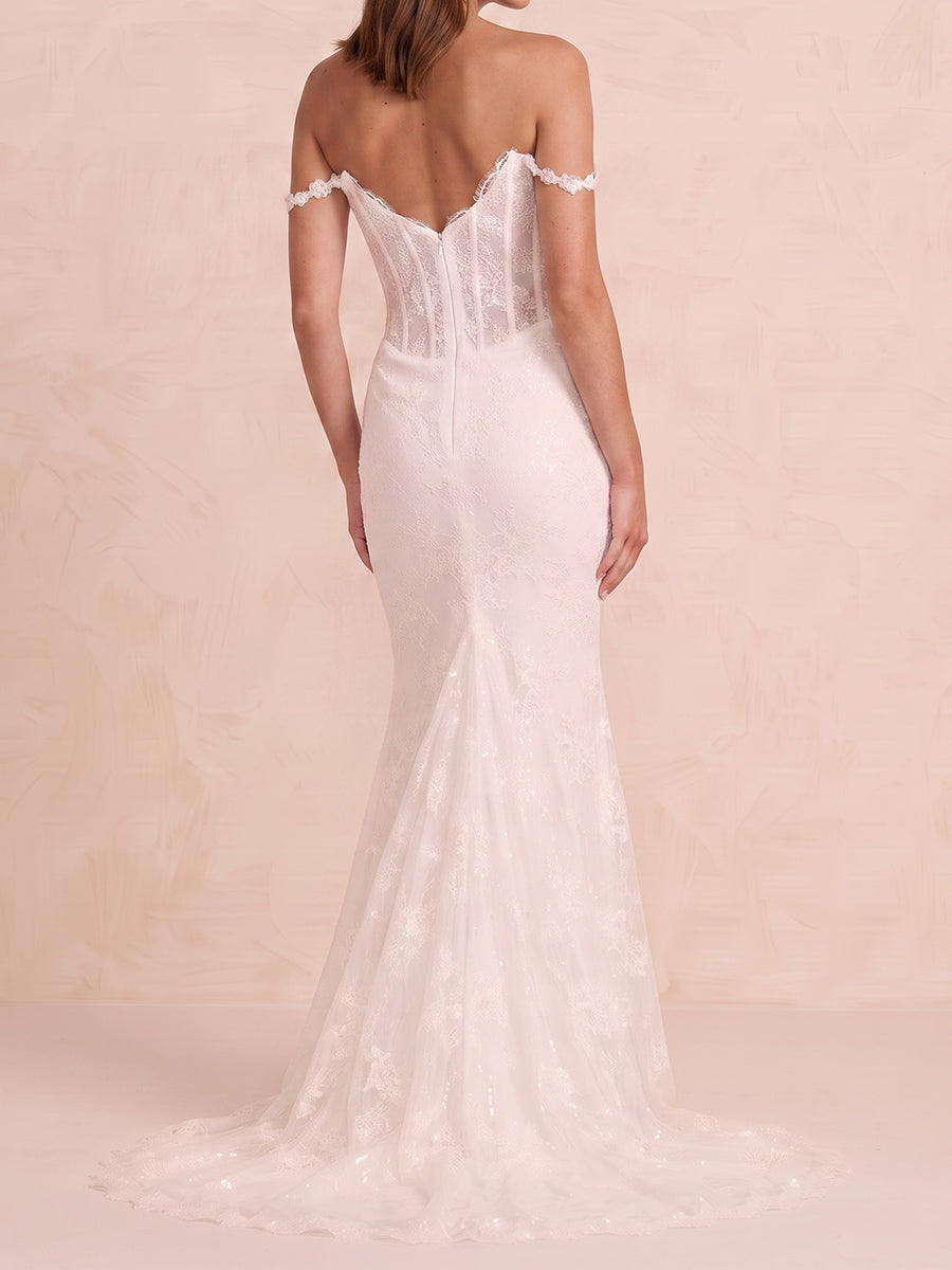 Sheath/Column Off-the-Shoulder Short Sleeves Appliques Lace Sweep Train Lace Wedding Dresses