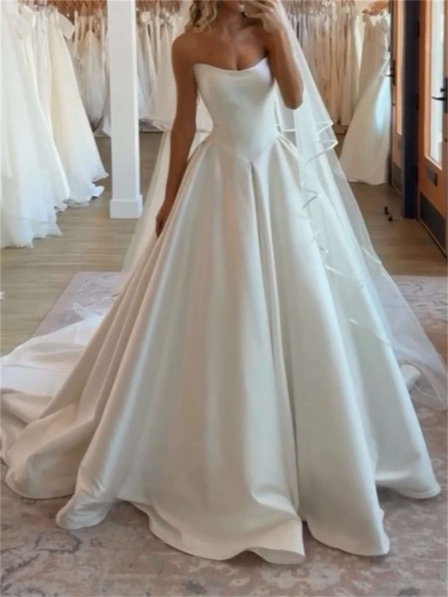 A-line/Princess Straight Pleated Cathedral Train Satin Wedding Dresses