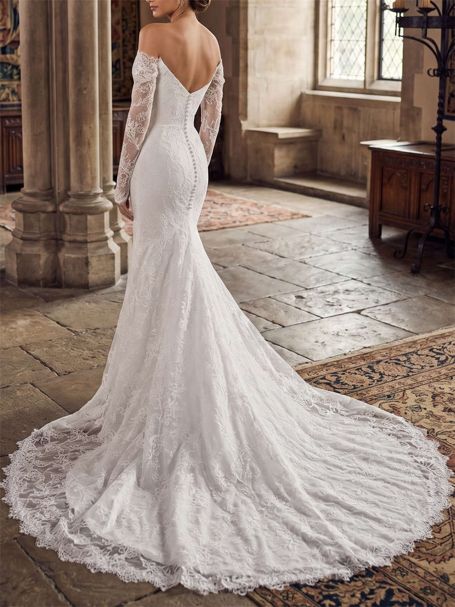 Trumpet/Mermaid Off-the-Shoulder Long Sleeves Appliques Lace Court Train Lace Wedding Dresses