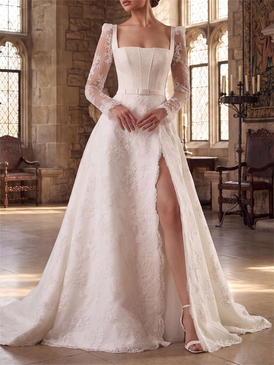 A-line/Princess Square Long Sleeves Appliques Lace Chapel Train Lace Wedding Dresses