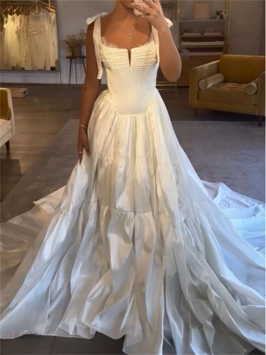 A-line/Princess Straps Pleated Chapel Train Taffeta Wedding Dresses