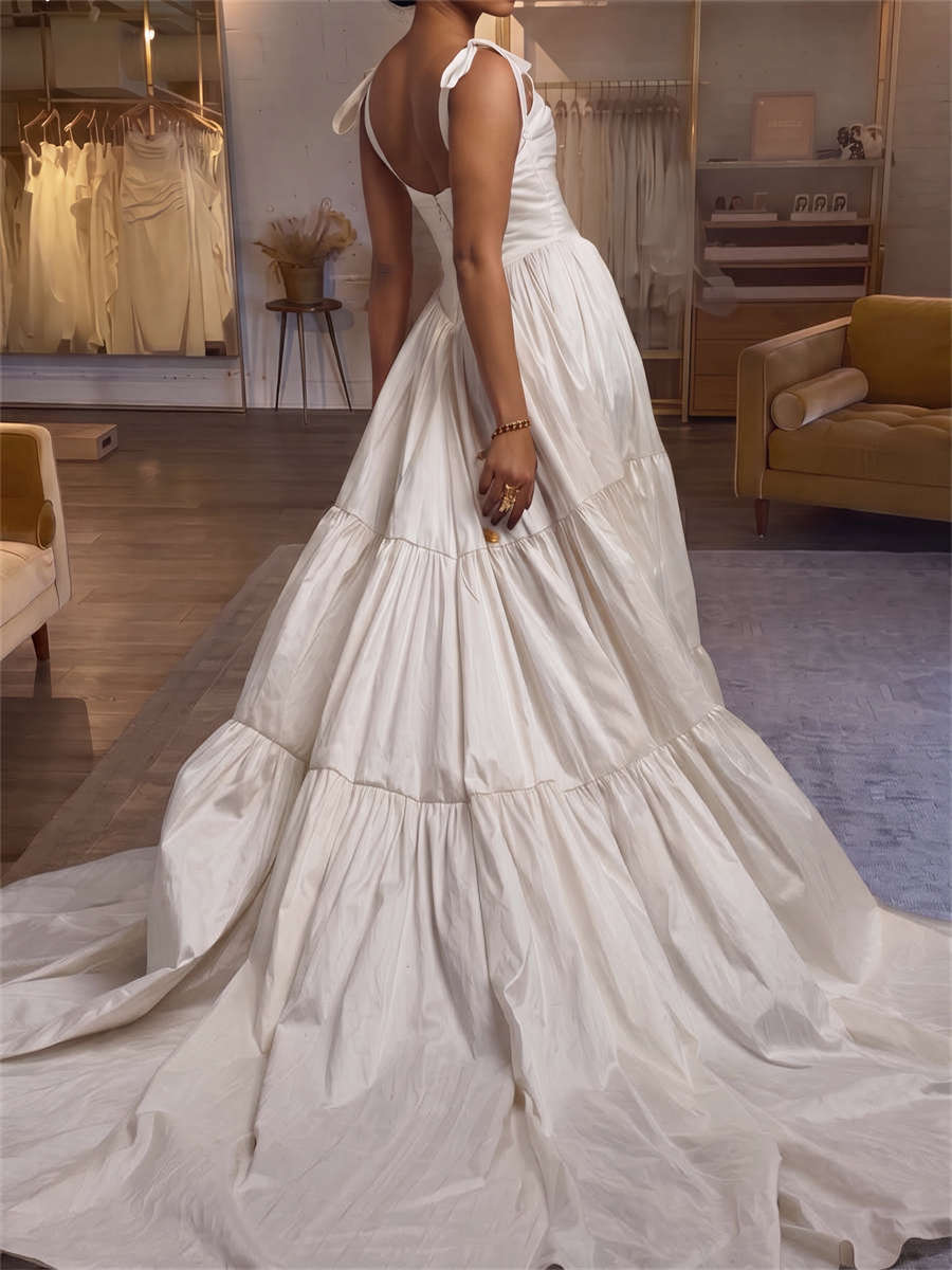 A-line/Princess Straps Pleated Chapel Train Taffeta Wedding Dresses
