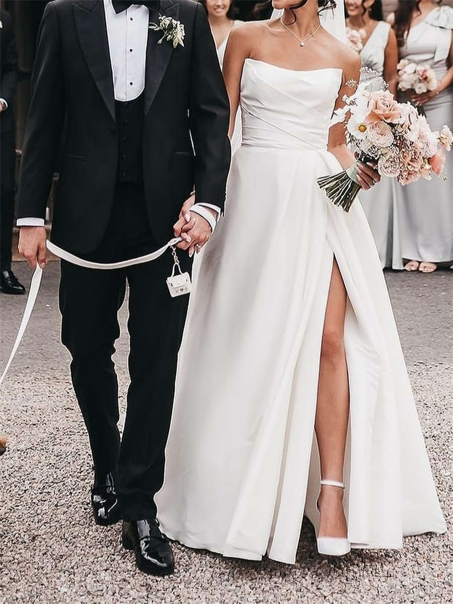A-line/Princess Straight Pleated Chapel Train Silk Like Satin Wedding Dresses