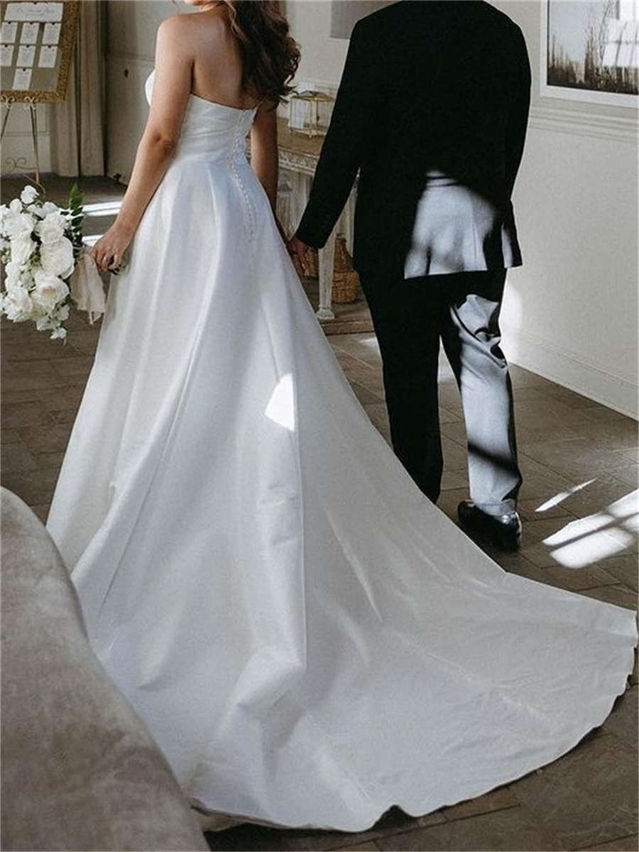 A-line/Princess Straight Pleated Chapel Train Silk Like Satin Wedding Dresses