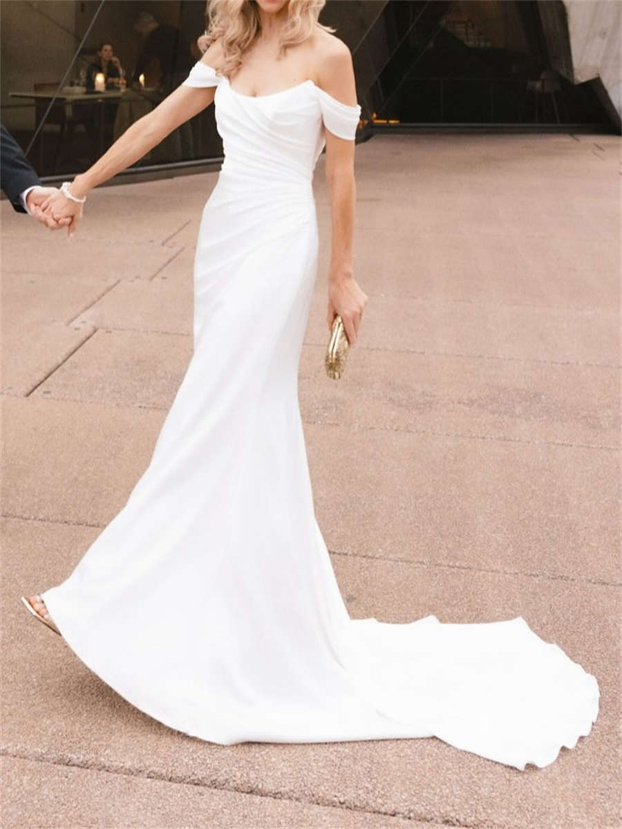 Sheath/Column Off-the-Shoulder Pleated Court Train Silk Like Satin Wedding Dresses