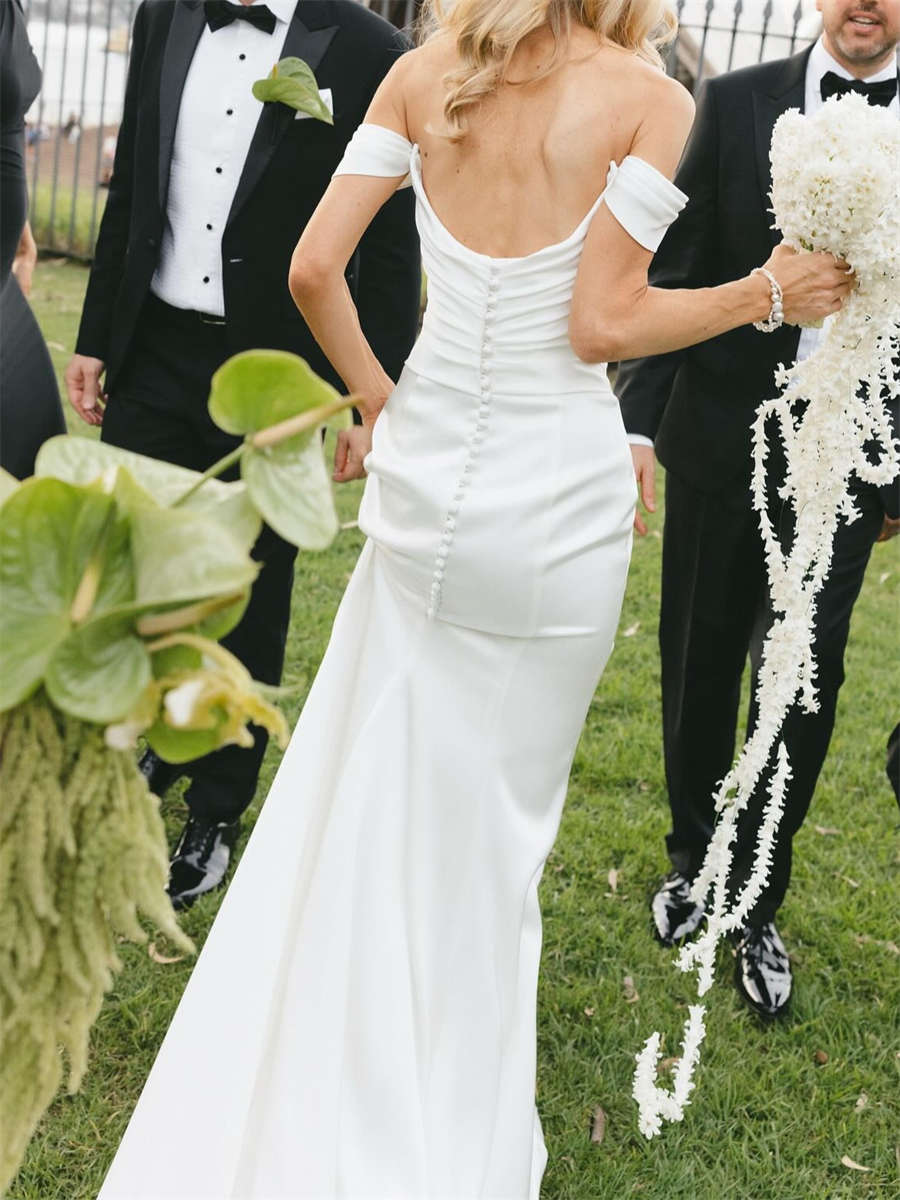 Sheath/Column Off-the-Shoulder Pleated Court Train Silk Like Satin Wedding Dresses